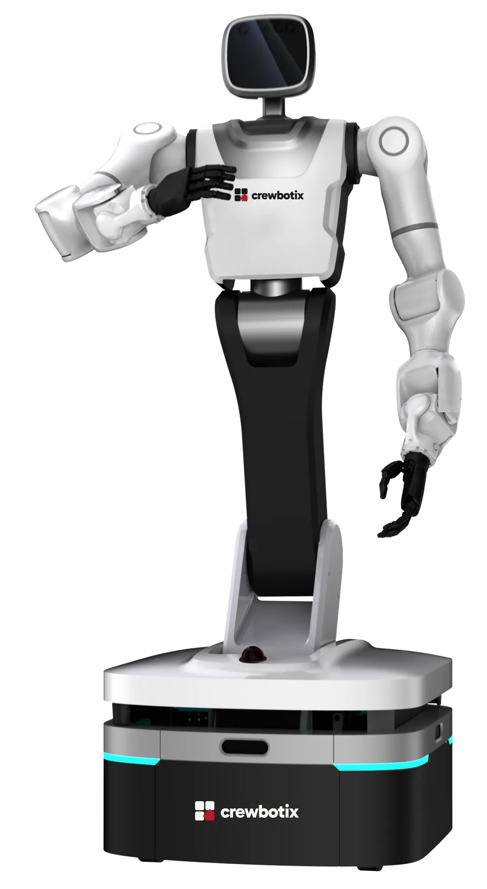 Crewbotix type01 in der Frontansicht: Kopf mit Kamera, zwei Arme, Torso und omnidirektionale Basis